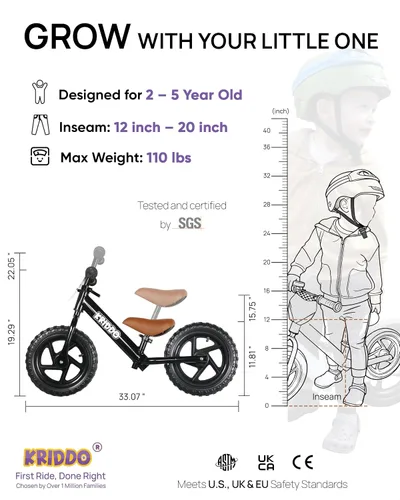 Vista 3 de KRIDDO Bicicleta de equilibrio para niños de 2 años de edad, bicicleta de empuje de 12 pulgadas con placa personalizada
