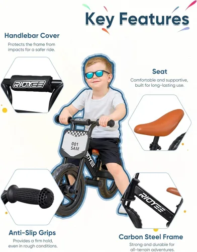 Vista 3 de RIDYEE Bicicleta de equilibrio para niños de 2 a 5 años con ajuste sin herramientas, dirección limitada, reposapiés, placa de nombre personalizada