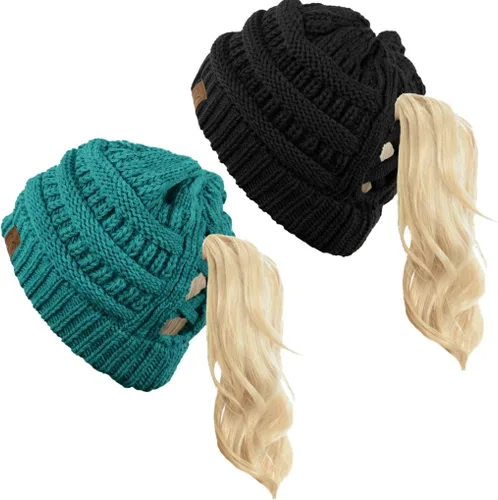 Vista 18 de Funky Junque - Gorro de coleta para mujer – Gorro de invierno con cola de caballo cruzada para mujer, cálidos y lindos gorros de punto con cola