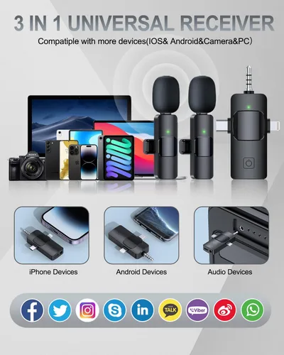 Vista 8 de PQRQP Micrófono Lavalier inalámbrico profesional 3 en 1 para iPhone/Android/cámara, micrófonos inalámbricos, mini micrófono, calidad de sonido