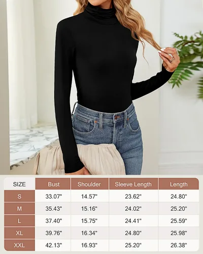 Vista 6 de Ficerd Paquete de 2 camisas de cuello alto para mujer, manga larga, cuello alto, ajustadas, suaves, elásticas, térmicas, básicas, sin botones