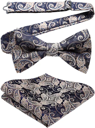 Vista 6 de HISDERN Bow Ties for Men Pre-tied Paisley Bow Ties Pocket Square Set Men's Bowtie Wedding Party