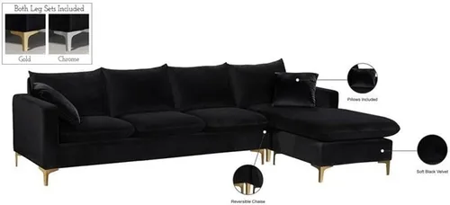 Vista 7 de Meridian Furniture Naomi Collection Modern Moderno seccional reversible tapizado de terciopelo negro contemporáneo con patas doradas o cromadas