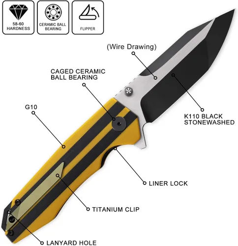 Vista 2 de Petrified fish PFP08 Mocado 3.58" K110 Cuchillo plegable de bolsillo con Amarillo negro lavado a la piedra