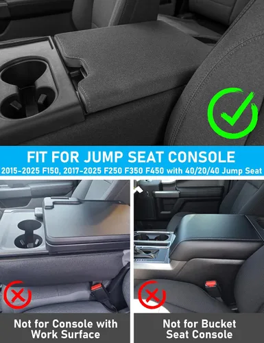 Vista 2 de Cubierta de consola central Sinvanho para Ford F150 F250 F350 F450 F550 2015-2025 con asiento de salto 40/20/40, cubierta protectora de reposabrazos
