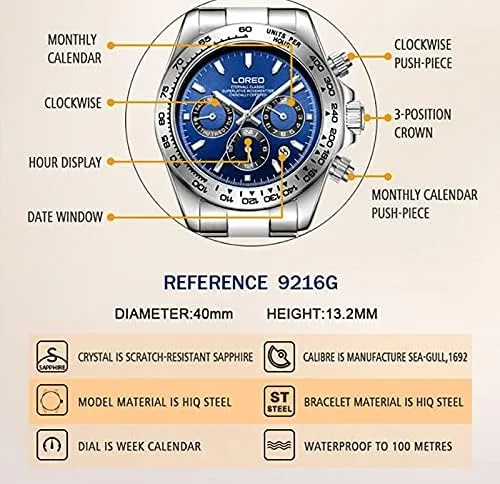Vista 5 de LOREO Reloj automático para hombre, de acero inoxidable plateado, bisel de cerámica, fecha militar, buceo, impermeable, para hombre