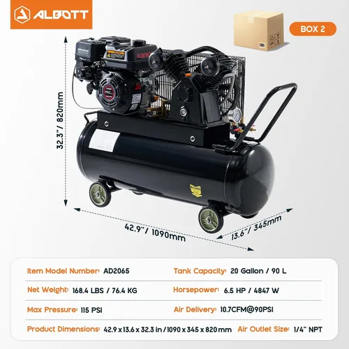 Vista 2 de Compresor de aire de gas Albott 6.5HP, tanque horizontal portátil de 20 galones 196cc Loncin Engine Max 115 PSI Presión Portátil Rueda Diseño