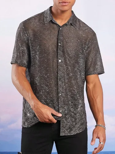 Vista 4 de WDIRARA Camisa de manga corta con botones de purpurina en contraste para hombre
