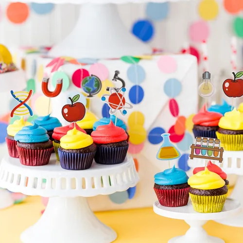 Vista 7 de Gyufise 36 piezas de decoración para cupcakes de ciencia, rocas de ciencia, para baby shower, niños, astronomía, biología, química, física, ciencia