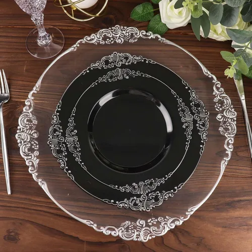 Vista 46 de Efavormart - Paquete de 10 platos de postre barrocos negros y dorados de 8 pulgadas, platos de aperitivo resistentes con borde metálico en relieve
