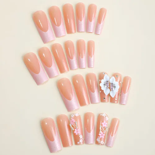 Vista 2 de Uñas postizas a presión de mariposa, uñas postizas largas de punta francesa con diseño de ataúd rosa, diamantes de imitación de flores, pegamento