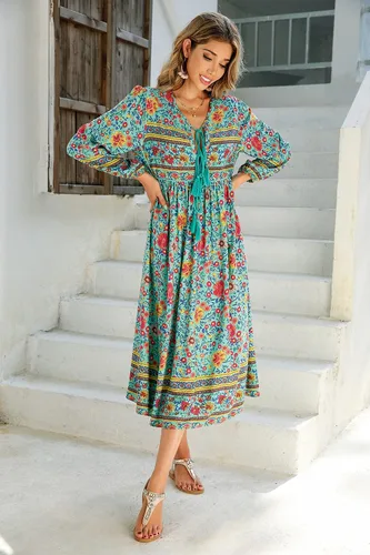 Vista 2 de R.Vivimos - Vestidos por debajo de la rodilla, de manga larga, con estampado floral, de estilo retro y bohemio, con cuello en V y borlas para mujer