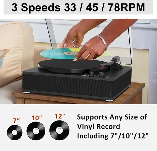 Vista 4 de Reproductor de discos de vinilo con transmisor inalámbrico de entrada/salida Bluetooth, placa de tamaño completo, tocadiscos de 3 velocidades