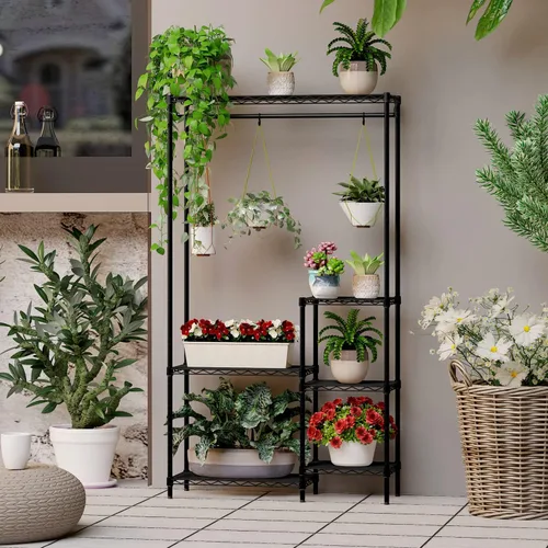 Vista 4 de Xiofio Soportes para plantas para interiores y exteriores, soporte de metal resistente para plantas, estante grande para plantas, estantes