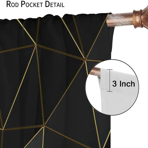 Vista 67 de Cortinas Negras con Dobladillo Dorado, Cortinas Opacas con Bolsillo para Barra con Estampado de Rayas de Foil en Onda Dorada para Decoración de Negro