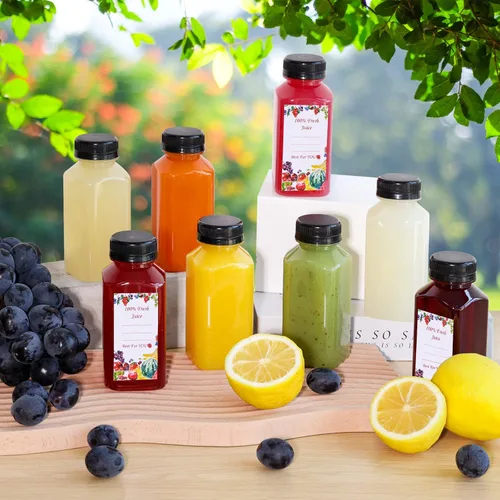 Vista 4 de SUPERLELE 12 botellas de plástico de 8 onzas con tapas, recipientes transparentes reutilizables para jugo con etiquetas, embudo y cepillo