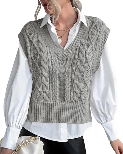 Vista 6 de Chaleco de suéter para mujer Lueluye V cuello sin mangas de punto sólido casual acanalado estilo preppy Beige