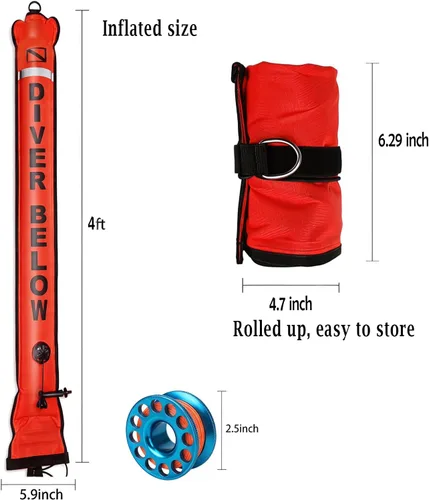 Vista 4 de DSMB Surface Marker Buoy with 100ft Finger Spool Reel Diver Below Signal Flag Tube Scuba Diving Equipment Open Bottom Set