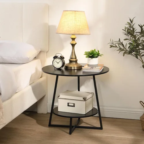 Vista 3 de D&H FURNIMMT Mesa auxiliar de sala de estar de 20", mesas auxiliares redondas de madera de 2 niveles para espacios pequeños con estante