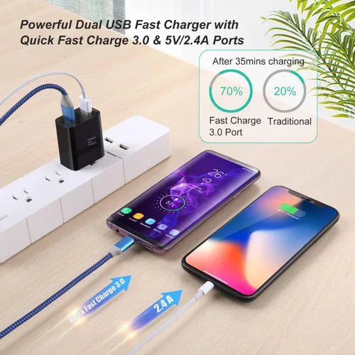 Vista 5 de Cargador de pared 3.0 de carga rápida rápida, Costyle 30 W, enchufe de pared USB de doble puerto, 5 V, 2.4 A, bloque de carga rápida de alta