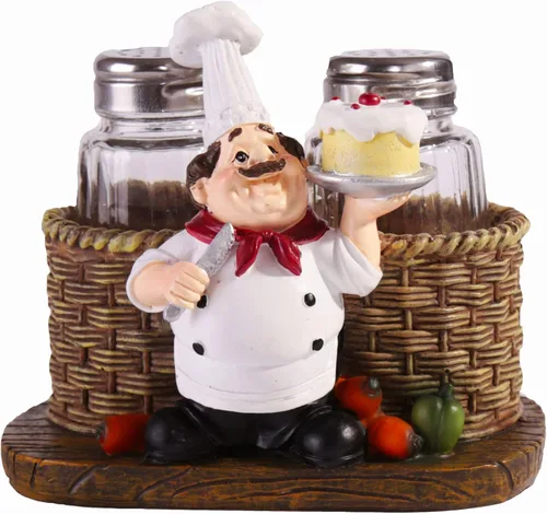 Vista 10 de Juego de salero y pimentero, estatua decorativa de chef sentado, organizador de especias, tarros de especias de vidrio con soporte, figura de regalo