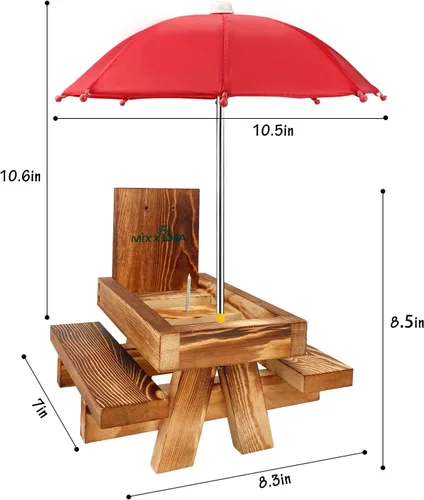 Vista 2 de MIXXIDEA Mesa de Picnic Comedero para Ardillas con Sombrilla Alta, Comederos de Madera para Ardillas para Exterior, Lindo Comedero para Ardillas
