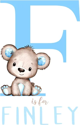 Vista 6 de Arte de pared personalizado con diseño de oso de acuarela azul para bebé niño, decoración de guardería, sin marco, monograma inicial de letra