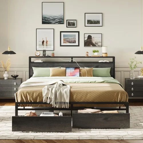 Vista 12 de LIKIMIO Base de cama Queen con cabecero, 2 cajones y estación de carga Gris carbón