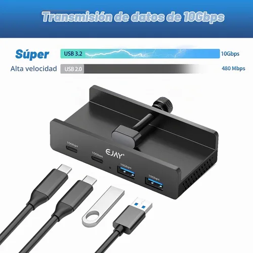 Vista 6 de Abrazadera EJAY Hub USB de 10 Gbps de 4 puertos (2A2C) Hub para iMac y PC