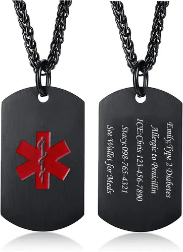 Vista 89 de VNOX Collar con colgante personalizado de acero inoxidable con grabado personalizado para identificación de alerta médica de emergencia para hombres