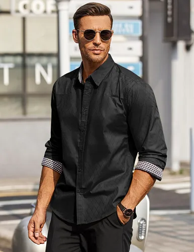 Vista 3 de COOFANDY Camisa de vestir de negocios para hombre, manga larga, casual, ajustada, con botones