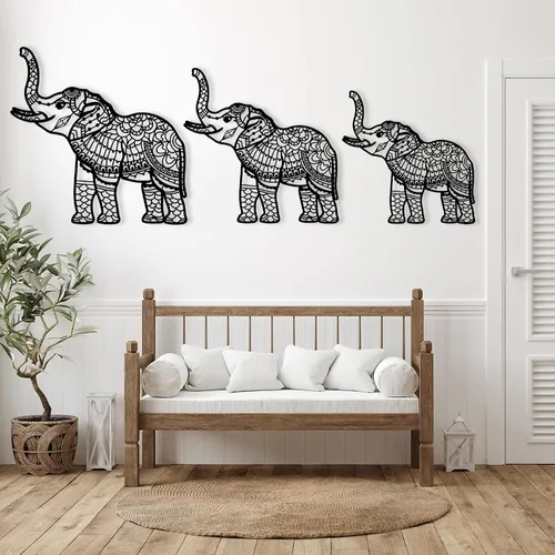 Vista 2 de Juego de 3 arte de pared de metal de elefante, arte de pared de metal de elefante, decoración de pared de metal con mandala, diseño de arte de metal