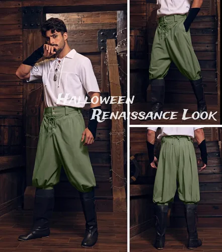 Vista 2 de Gafeng Pantalones piratas medievales para hombre, disfraz de caballero vikingo renacentista, con cordones, pantalones cortos LARP para Halloween