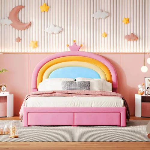 Vista 9 de Cama tapizada con diseño de arcoíris, cama de plataforma de princesa de terciopelo con cajón de almacenamiento, para niños, adolescentes, niños
