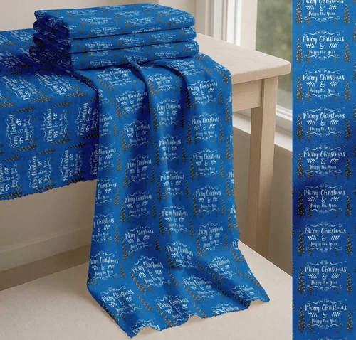 Vista 6 de Tela de algodón azul Soimoi, diseño de árbol de tela de cambric, feliz Navidad y feliz año nuevo, de 42 pulgadas de ancho