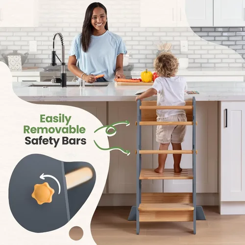 Vista 3 de Toddler Standing Tower with 3 Safety Bars - Kitchen Stool Helper - Gray 1 - Gris