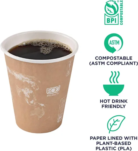 Vista 4 de ECO PRODUCTS Tazas de café desechables aisladas compostables World Art 8 onzas, paquete de 40, vaso de papel caliente renovable de doble pared