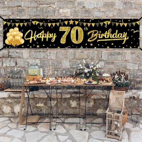 Vista 5 de Cartel de feliz cumpleaños 70 para mujeres y hombres, suministros de fiesta de cumpleaños de 70 años de color negro y dorado, divertido tema de 70