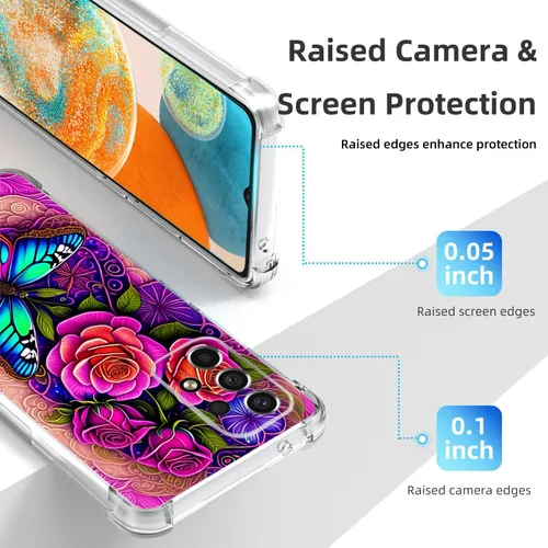 Vista 4 de Funda para Galaxy A23 5G, diseño de flores de mariposa azul, protección contra caídas, a prueba de golpes, carcasa protectora de cuerpo completo