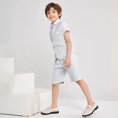 Vista 4 de Traje de verano para niños, ropa de vestir para niños, traje de portador de anillo de boda, 4 piezas, camisa, chaleco y pantalones cortos