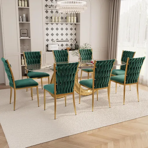 Vista 20 de Juego de 2 sillas de comedor de terciopelo, modernas sillas de cocina tejidas con patas de metal dorado, cojín tapizado con respaldo alto