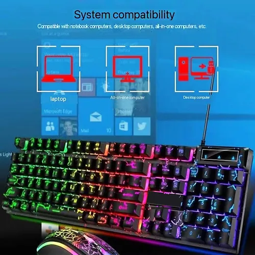 Vista 7 de Guiheng Teclado para juegos con diseño de arco iris con cable, 104 teclas que se iluminan con sensación mecánica, teclado de computadora