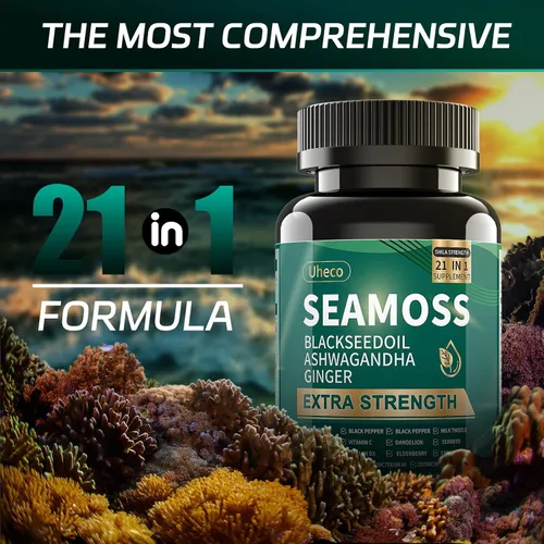 Vista 3 de Superalimento Avanzado Cápsulas de Musgo Marino Irlandés - Suplemento de Musgo Marino 21 en 1 con Semilla Negra, Ashwagandha, Cúrcuma, Fucus