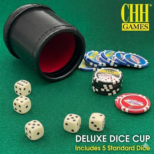 Vista 3 de 4" Deluxe Dice Cup con 5 dados estándar, negro/crema