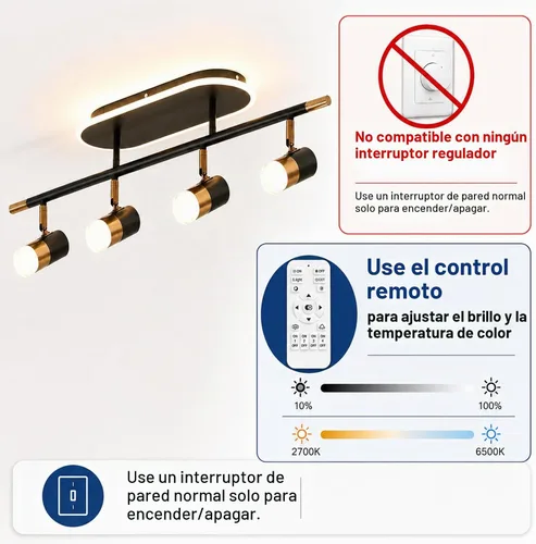 Vista 9 de Jaycomey Lámpara LED de 4 luces con control remoto, focos de luz de techo regulables de 41 W, ajustable de 3000 K-6500 K, moderna lámpara de techo