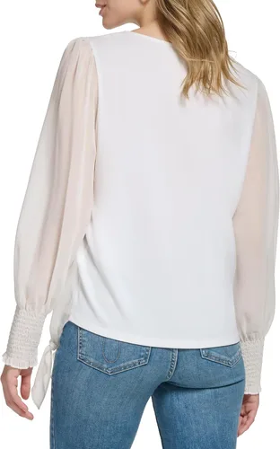 Vista 3 de Calvin Klein Blusa de manga fruncida con dobladillo de nudo mate para mujer