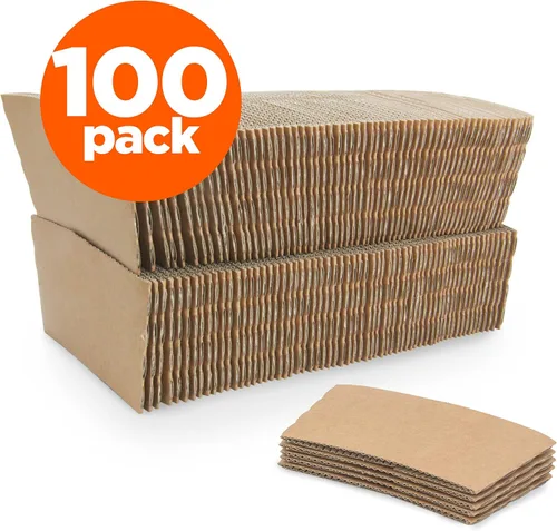 Vista 2 de FMP Brands Paquete de 100 fundas de café Kraft desechables para bebidas calientes, fundas duraderas de cartón corrugado para tazas de 12 a 24 onzas