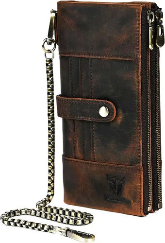 Vista 8 de Genuino Caballo Loco Cuero Regalo de Viaje Moneda Bolsillo Tarjetero Organizador Largo Cadena Rfid Cartera Monedero Con Broche Para Hombres Hombres
