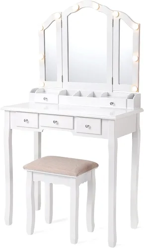 Vista 2 de Escritorio de maquillaje blanco con espejo plegable y luces
