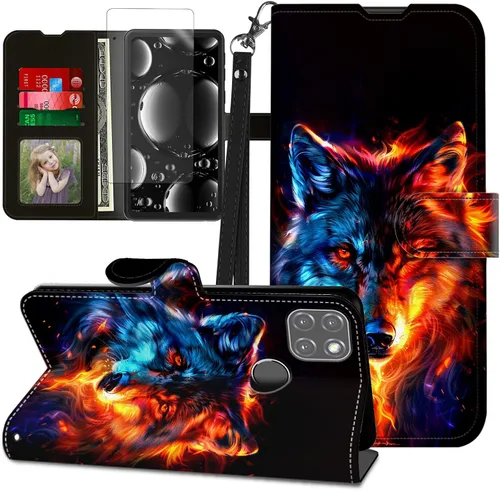 Vista 130 de Funda para Motorola Edge 2022 con protector de pantalla, soporte y tarjetero y correa para la muñeca, funda magnética para Moto Edge 2022 5G UW Lobo